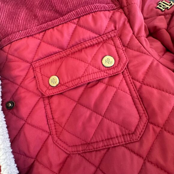 Lauren Ralph Lauren Red Barn Coat Sherpa collar Winter Quilted Puffer Medium zip - Picture 2 of 10